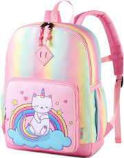 Girls' Backpack, Children's Backpack, Kindergarten Backpack, Elementary School Backpack with Chest Strap, Lightweight Girl Gift 2-8 Years Travel/Camping Backpack - Rainbow Cat