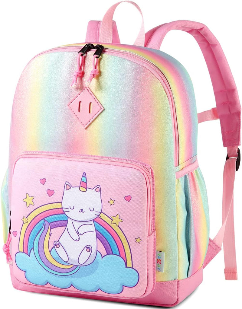 Girls' Backpack, Children's Backpack, Kindergarten Backpack, Elementary School Backpack with Chest Strap, Lightweight Girl Gift 2-8 Years Travel/Camping Backpack - Rainbow Cat