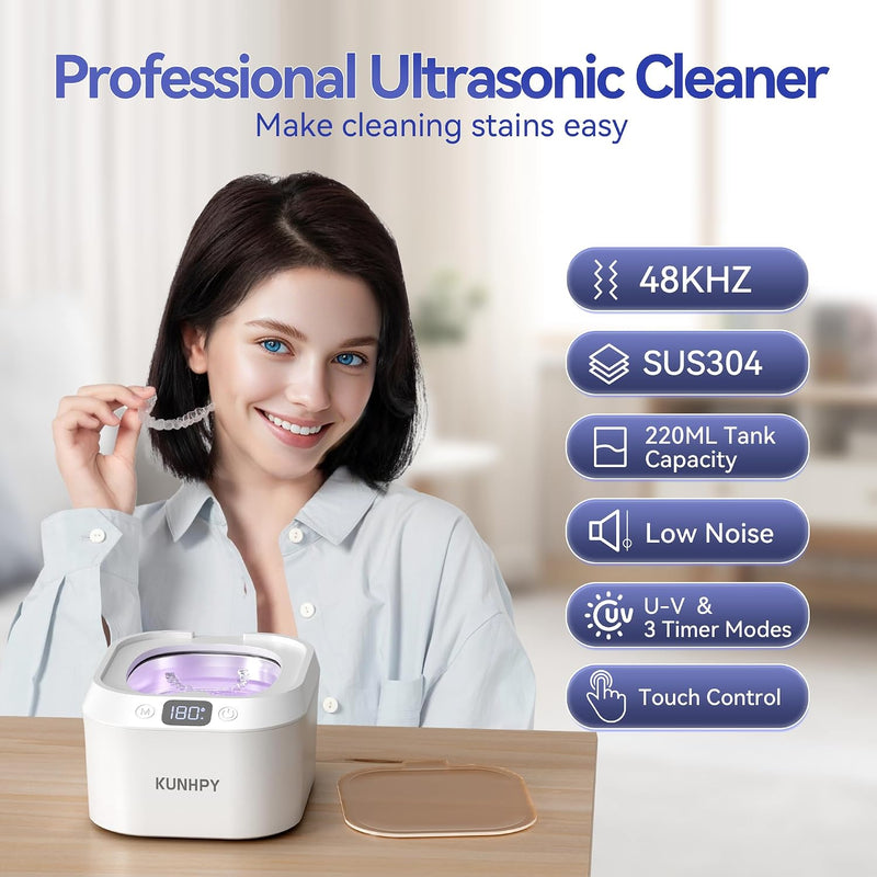 Ultrasonic Retainer Cleaner, Kunphy 48KHz 24W Ultrasonic U-V Cleaner Machine with 3 Modes Digital Timer for Mouth Guard, Toothbrush Heads, Invisalign, Braces - White