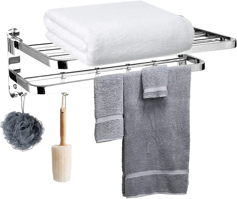 AUTOYSUR Bathroom Towel Rack, Towel Shelf with Two-Tier Architecture, Folding Towel Bars Wall Mount Holder, 5 Removable Hooks and Adjustable Towel Bar, Toilet Bathroom Bath Towel Cleaning Tools Holder