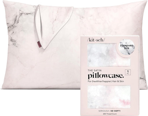 Kitsch Satin Pillowcase with Zipper, Softer Than Real Silk Pillow Cases, Standard Size 19x26 Inches, Breathable Smooth Cooling Pillow Covers for Hair with 600 Thread Count (Haze Blue, Queen, 1 Pc) - Standard/Queen (1 Pack) Marble