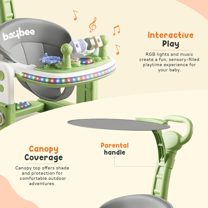 Baybee 3 in 1 Baby Walker with Parental Push Handle 3 Adjustable Height, Lights & Musical | Toddler Activity Walker for Kids | Baby Push Walker for Baby Boy Girl 6 to 18 Months (Green)