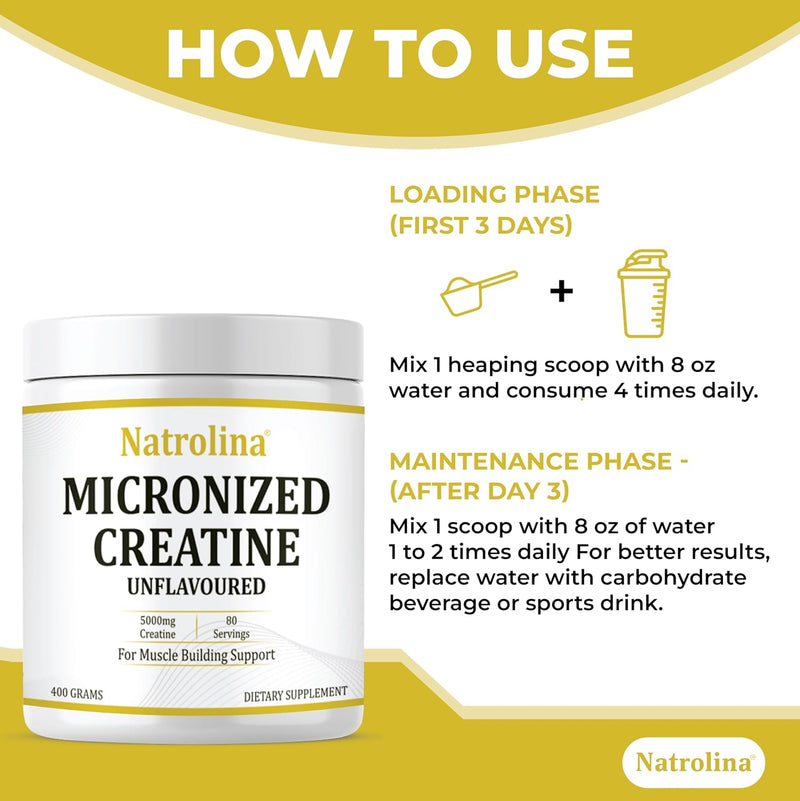 Natrolina 100% Micronized Creatine Monohydrate Powder (Unflavoured)-400g/80 Servings Premium Muscle Building Support, Boost Energy & Performance