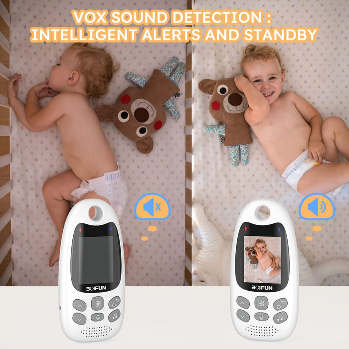 BOIFUN Video Baby Monitor with Camera, Two-way Audio, No WiFi, VOX Mode, Night Vision, 2-inch Screen Battery Powered, 8 Lullabies, Feeding Reminder, Smart Temperature, Elder/Pet, Wireless, Portable
