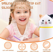 Bukela Kawaii Pencil Case 2-in-1 Silicone Pen Holder Soft Silicone Bag Dot Cat Design Pencil Case for Pencils Pen Storage for Girls and Boys Foldable and Waterproof White Dot Cats