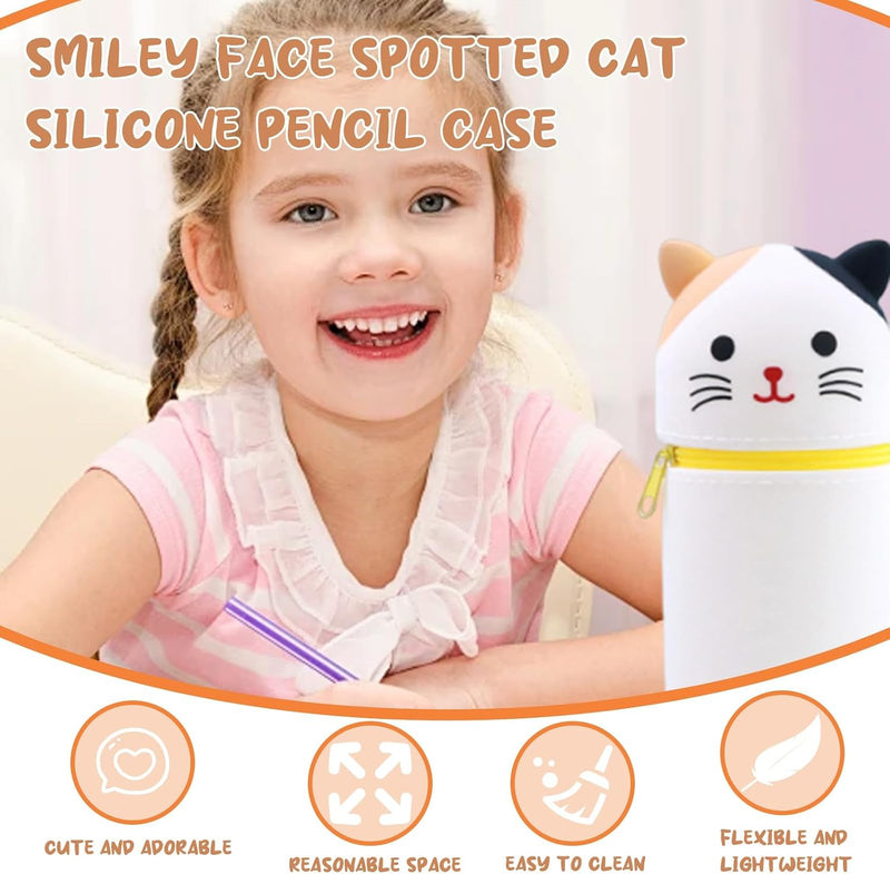 Bukela Kawaii Pencil Case 2-in-1 Silicone Pen Holder Soft Silicone Bag Dot Cat Design Pencil Case for Pencils Pen Storage for Girls and Boys Foldable and Waterproof White Dot Cats