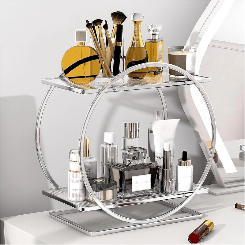 WEKOTEE Makeup Organizer for Vanity, Black Gold Perfume Organizer for Dresser- 2 Tier Skincare Organizers Bathroom Countertop Organizer, Make Up Counter Shelf Cosmetic Display Tray (55-02)
