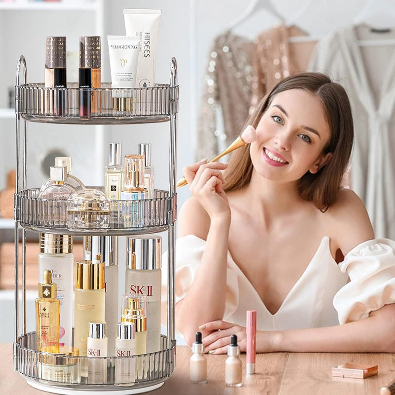LENDIS Rotating Makeup Organizer Dressing Table 3 Tiers, Large Capacity Skin Care Transparent Makeup Storage Perfume Organizer Makeup Dresser Organizer Countertop 360 Rotation (Gray)