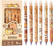 MOZXIRZ 6 Pcs Cute Erasable Retractable Pens Erasable Gel Ink Pens Cartoon Capybara Pen 0.5mm Fine Point Blue Ink Pen Cartoon Writing Pen Office School Pens Women Girls Boys (Blue Ink-Capybara) - Blue