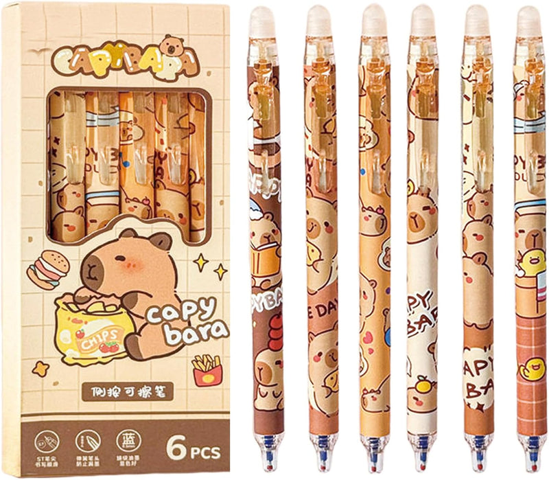 MOZXIRZ 6 Pcs Cute Erasable Retractable Pens Erasable Gel Ink Pens Cartoon Capybara Pen 0.5mm Fine Point Blue Ink Pen Cartoon Writing Pen Office School Pens Women Girls Boys (Blue Ink-Capybara) - Blue