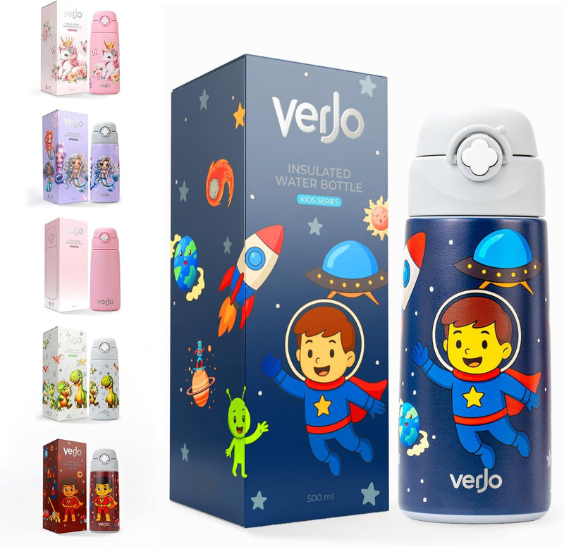 Kids Water Bottle 500ml Insulated Stainless Steel Water Bottle for Kids with Straw Leakproof, BPAFree, Reusable Bottle for School, Travel, Sports & Daily Hydration (CROWNED UNICORN) - SPACE NAVY