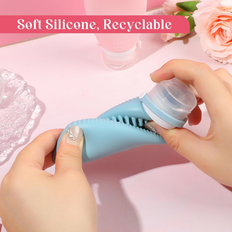 Silicone Travel Bottles for Toiletries, 3oz Travel Toiletry Bottles With Brush Leak Proof Strap, BPA Free Leak Proof Squeezable, TSA Approved for Shampoo Conditioner 2 Pieces, Pink & Blue