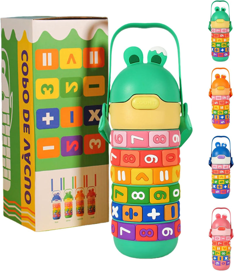 BPA-Free Stainless Steel Thermos Water Bottle for Kids 430ml Insulated Leak-Proof Flip Lid Math Puzzle Rings Fun School Bottle for Boys & Girls Cute Design with Strap Learning Gift Green - Green