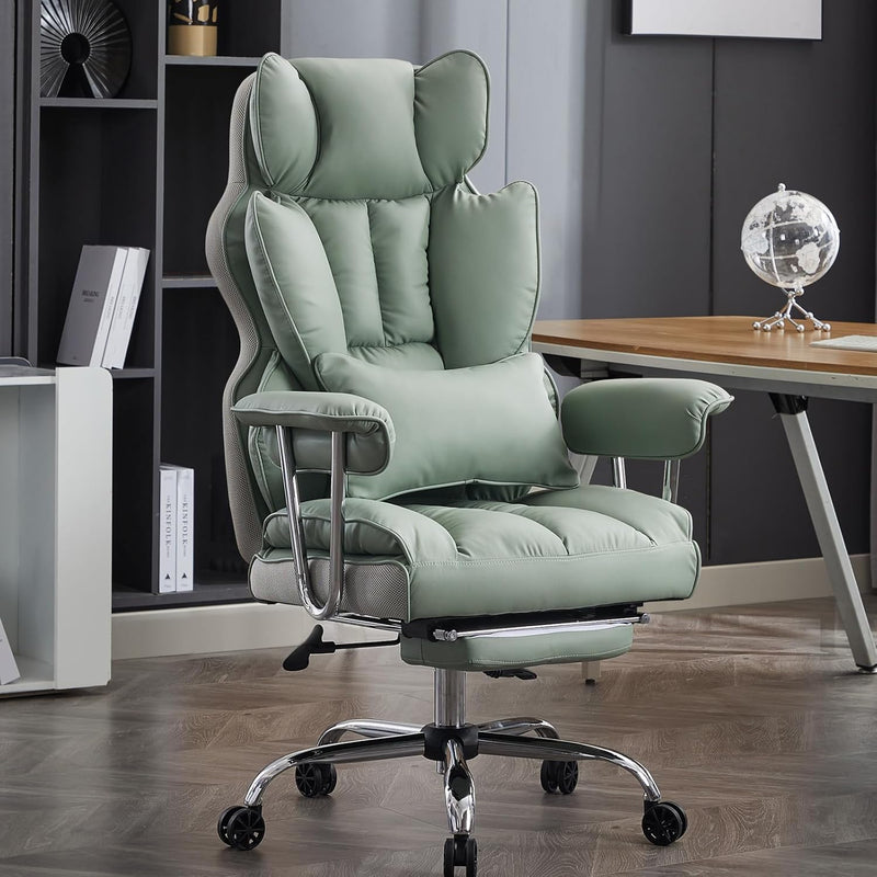 Big and Tall Office Chair 400lbs PU Leather Executive Desk Chair with Lumbar Support & Leg Rest, Heavy-Duty Computer Chairs for Home Office, Pink 400lbs support, 135 recline, dual-layer foam cushion, 23.5" seat & footrest. BIFMA - Green