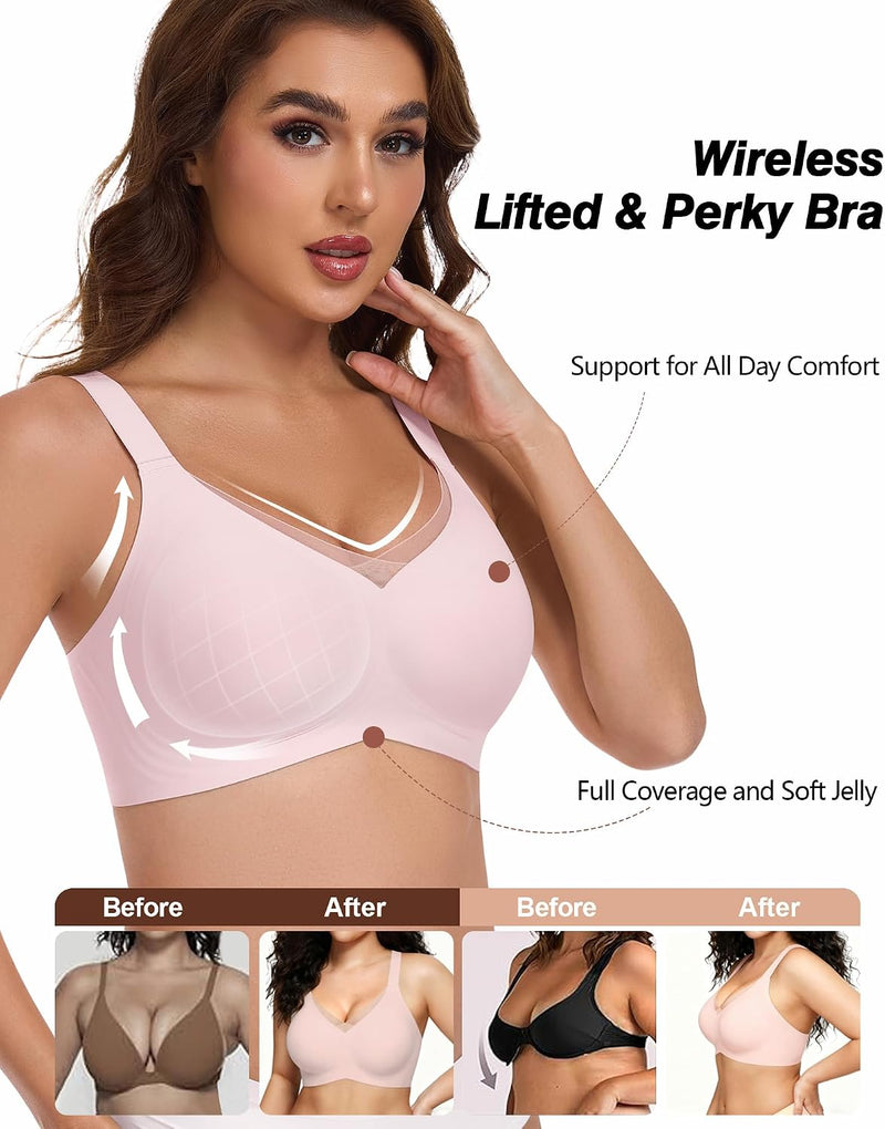 Comfortable Wireless Bras for Women Seamless Padded Push Up No Show Bra with Support - Pink