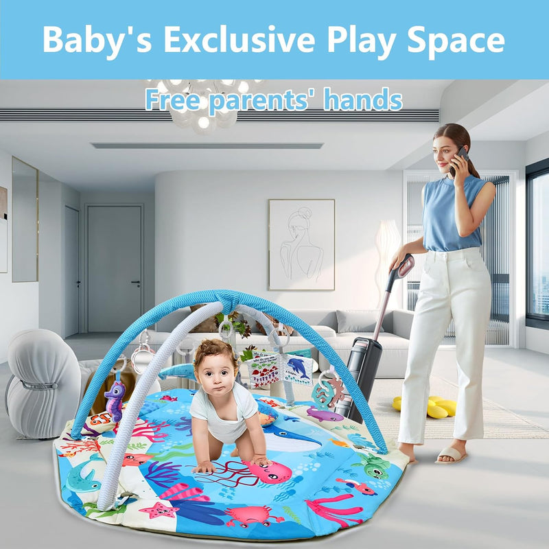 TFDER 7-in-1 Baby Play Gym, Infant Non-Slip Activity Blanket, Crawling Mat with Play Arch and Sensory Toys,Baby Toys 0+ Months,Black and White