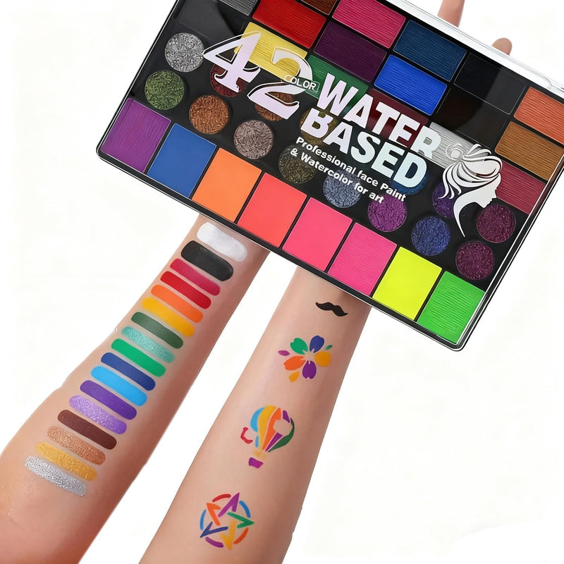 42-Color Oil-Based Face & Body Paint Kit - Professional Waterproof Makeup Palette with Glitter, Pearl & Fluorescent Shades + 10 Brushes & Mixing Palette - for Halloween, Cosplay & Carnival