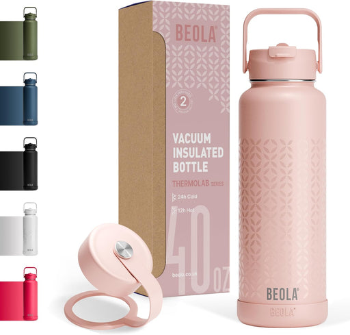 1200ml Water Bottle 18/8 Stainless Steel 304 Double Wall Insulated thermo Bottle with a wide mouth, 2 lids included, Hot Cold Liquids Sports Bottle, 40oz (Sage Mist) - Blush Pink
