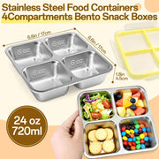Stainless Steel Snack Containers, 4-Compartment Bento Box with Airtight Lids, Reusable Leakproof Meal Prep Lunch Box for Travel, Picnics, Work, and Food Storage