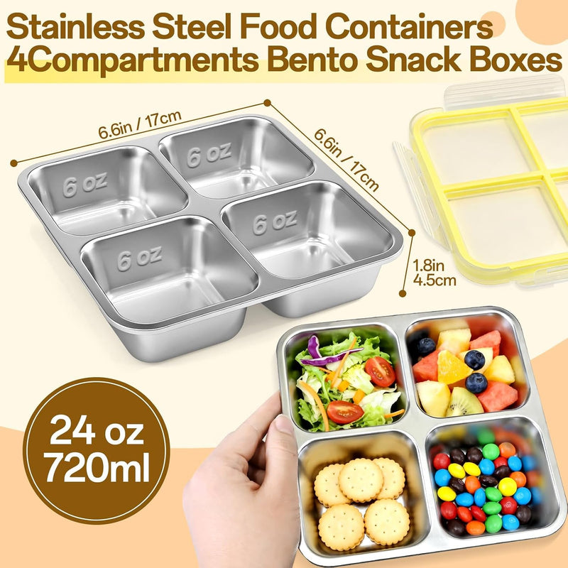 Stainless Steel Snack Containers, 4-Compartment Bento Box with Airtight Lids, Reusable Leakproof Meal Prep Lunch Box for Travel, Picnics, Work, and Food Storage