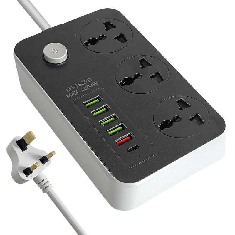 SKY-TOUCH Power Strips Extension Cords 3 Outlets, Universal Power Socket with 5 USB & 1 Type-C Ports, 2M Bold Extension Cord Plug Adapter for Home, Office, Kitchen