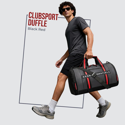 Clubsport 26L Medium Faux-Leather Water Resistant Travel Duffle Bag/Gym Bag/Sports Duffle for Men/Women (Black Red) - Black-Red