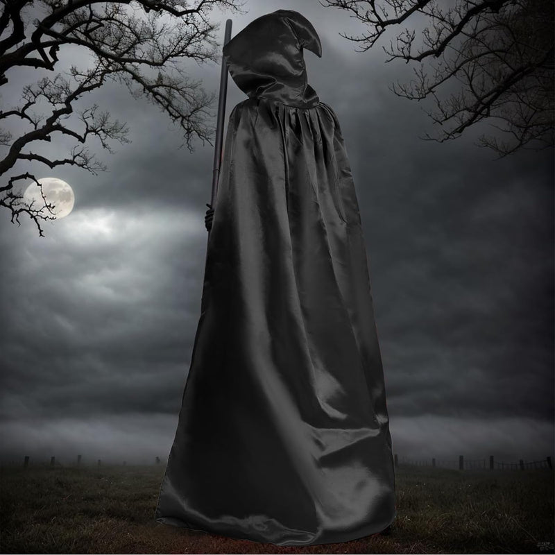 Halloween Costumes Halloween Cloak Cape Grim Reaper Costumes, Black satin Hooded Cape for Men Women