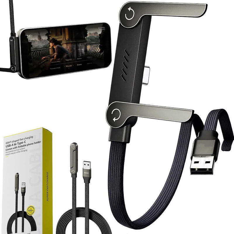 2026 New Sideways Phone Charger - 240W Braided Fast Charge Cable with Built-in Phone Stand, 2-in-1 Invisible Holder Charger Cable for iPhone, for Samsung and USB-C Devices (Type-C to Type-C-240W) - USB-A to Type-C-65W