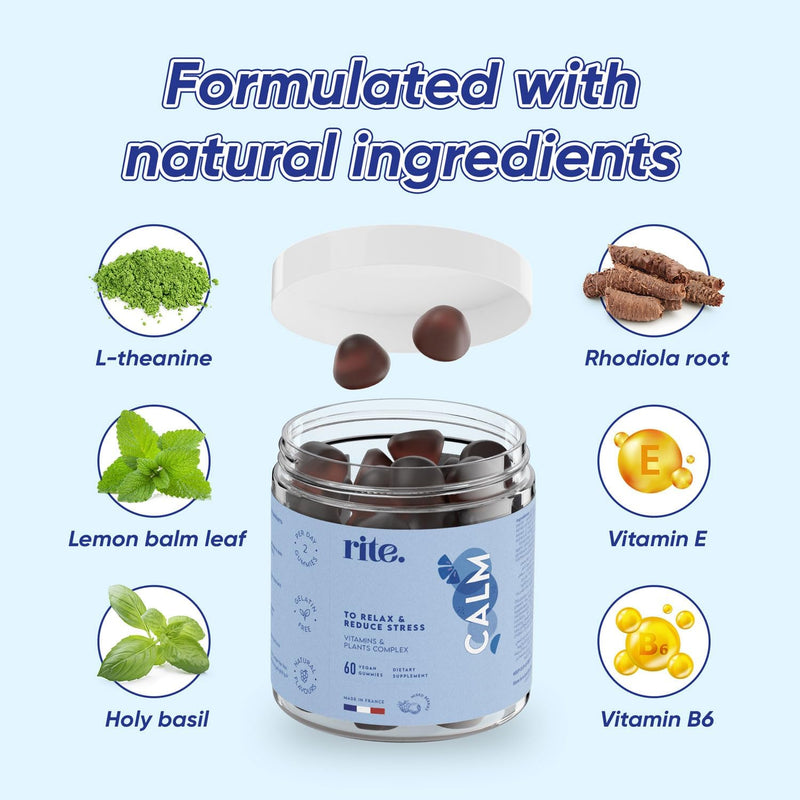 CALM Vegan Vitamin Gummies Adaptogens Botanicals, L-Theanine, Vitamin B6, Vitamin E Reduce stress, support better sleep, improve mood 60 Vegan Gummies Delicious Natural berries flavour