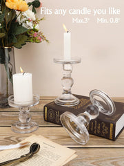 Lewondr Glass Candle Holders, 3 Pieces Crystal Clear Candlesticks with Elegant Design for Pillar Taper Candle and Tea Light, Home Table Living Room Wedding Party Decorations Home Décor - Clear