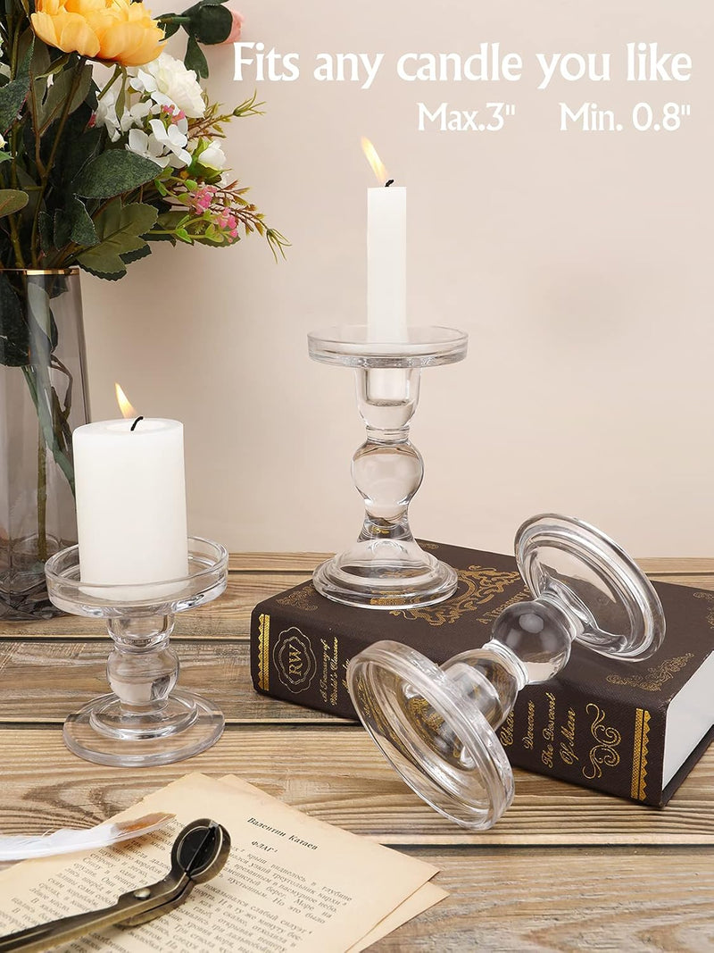 Lewondr Glass Candle Holders, 3 Pieces Crystal Clear Candlesticks with Elegant Design for Pillar Taper Candle and Tea Light, Home Table Living Room Wedding Party Decorations Home Décor - Clear
