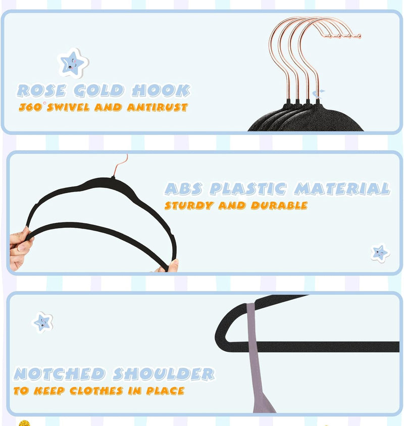 ManGotree Baby Velvet Hangers with Rose Gold Hook, Infant and Toddler Hangers, 27.8cm No-Slip Children Hangers, Ultra Thin Space Saving, Sturdy Kids Clothes Hangers 15 Pack(Blue)