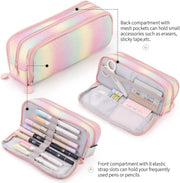 Large Capacity Pencil Case 3 Compartment Pencil Pouch Pen Bag for Teen Girls Boy Men Women (Rainbow)