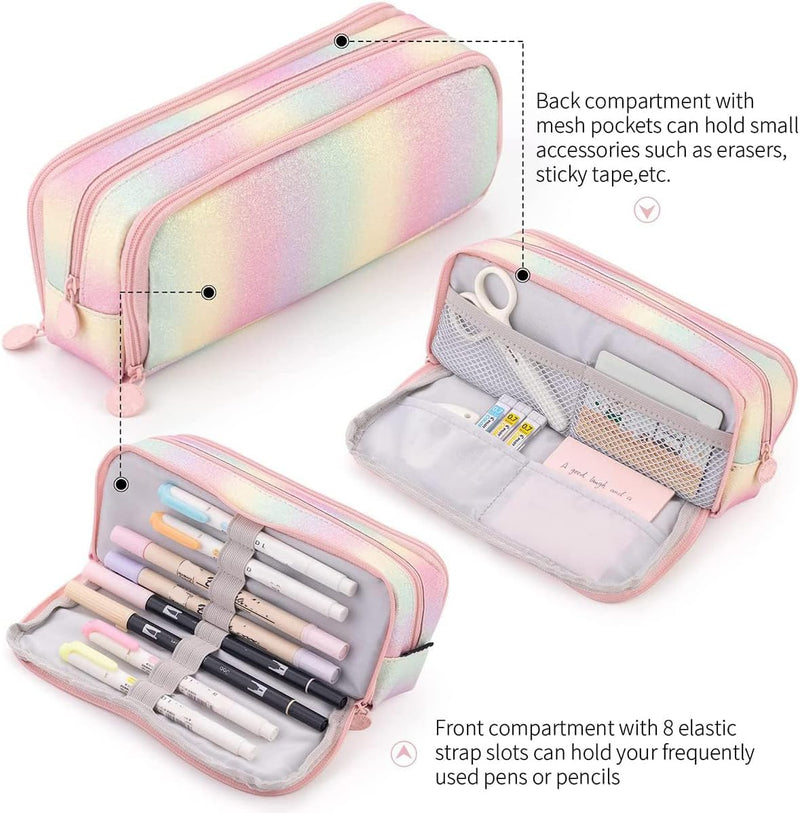 Large Capacity Pencil Case 3 Compartment Pencil Pouch Pen Bag for Teen Girls Boy Men Women (Rainbow)