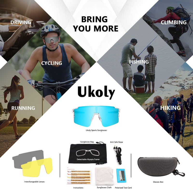 Ukoly Cycling Sunglasses for Men Women with 3 Interchangeable Lenses, Polarized Sports Sunglasses, Baseball Sunglasses