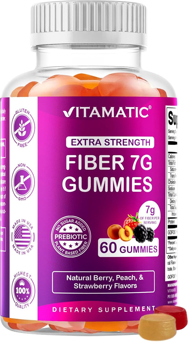 2 Pack Prebiotic Fiber Gummies for Adults - 7G Fiber Extra Strength - Zero Sugar Added - 60 Pectin Based Gummies - Digestive Health & Regularity Support - 60 Count (Pack of 1)