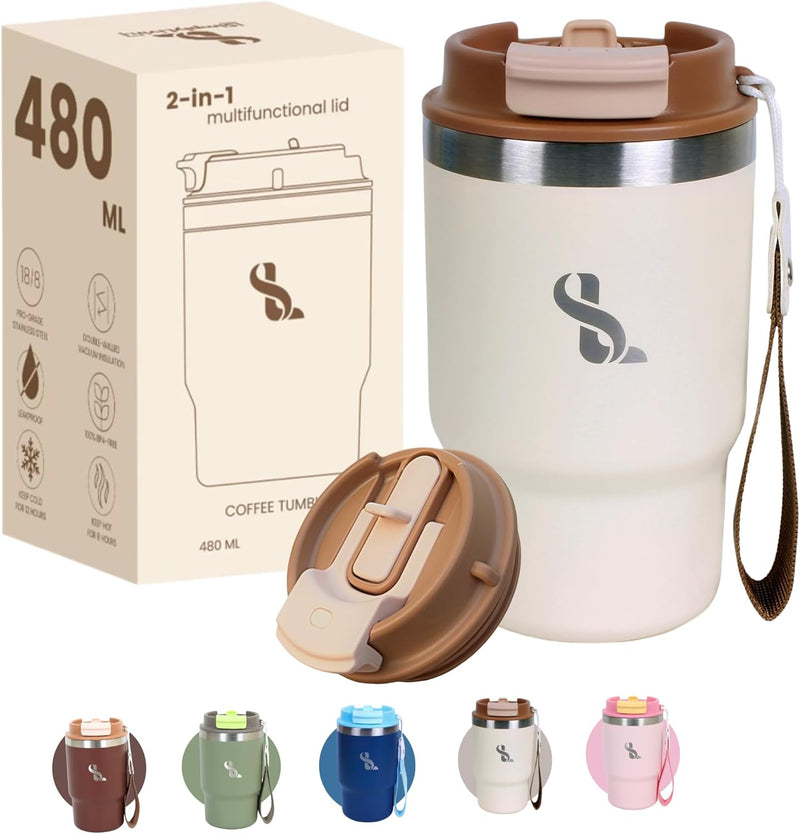 SimplyLivin. Premium Tumbler with Lid and Straw | 480ml (16oz) | Hot and Cold Drinks | Leak Proof | Travel Mug | Coffee Cup | Double Wall Stainless Steel | Unique Packaging for Gifts | Classic Beige