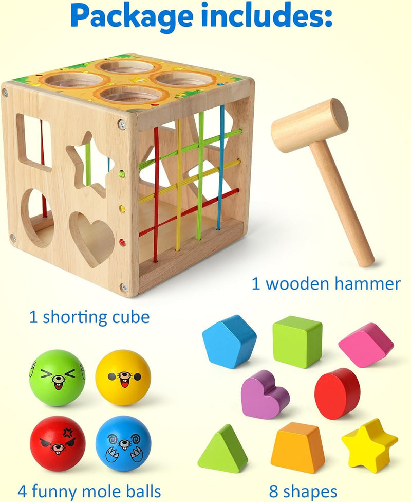 Coogam Wooden Montessori Toys for Toddlers, Shape Sorting Cube Whack Mole Fine Motor Skills Game for 1 2 3 Year Old 18 Month Baby Boys Girls Gift