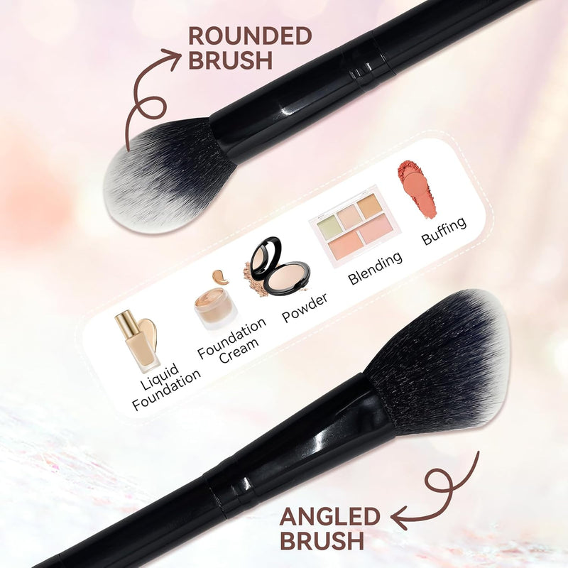 YJUFoar Dual-Ended Vegan Foundation Brush - Angled & Round Professional Synthetic Highlighter & Concealer Makeup Brush for Flawless Blending and Application of Blush, Powder