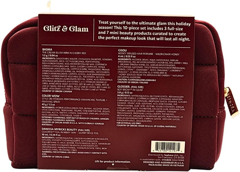 Glitz & Glam 10 Piece Holiday Gift Set: Makeup, Hair & Skincare Essentials with Red Lipstick, Blush, Powder & Lashes