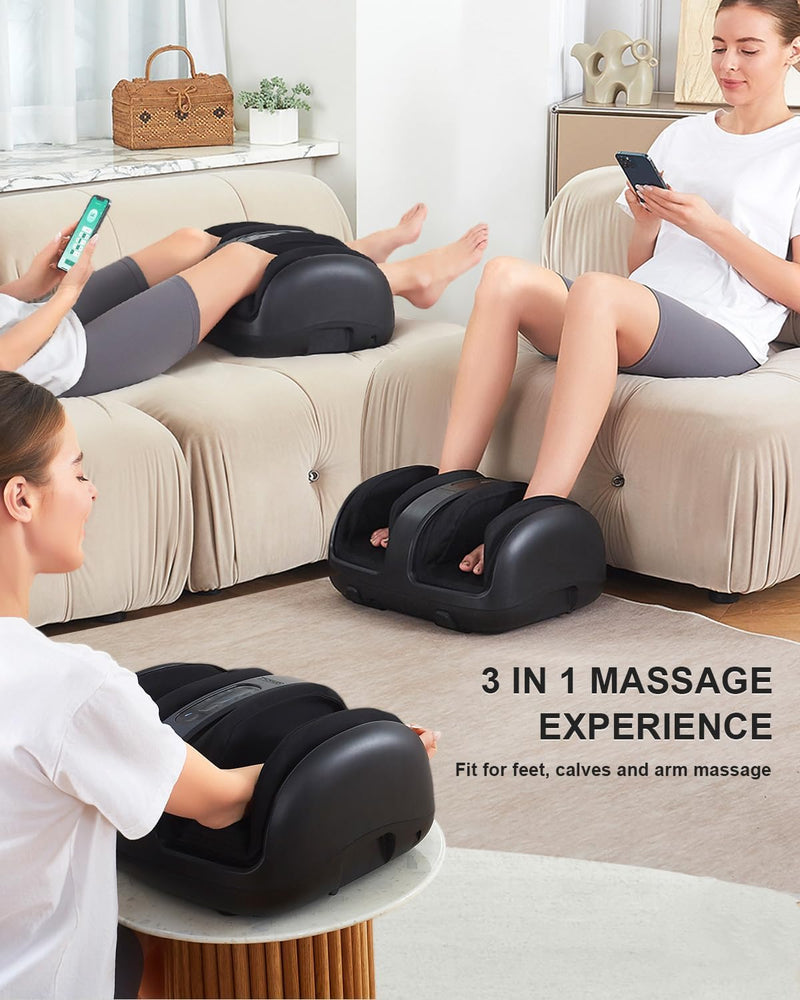 Foot Massager with Heat, Shiatsu Foot and Calf Massager with Heat, Remote Control, Deep Kneading, Vibration, Compression Leg Massager for Home and Office Use (Black with App Control) - Black