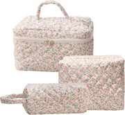 3 Pcs Cotton Quilted Makeup Bag Set,Floral Makeup Bag,Cute Makeup Bag,Travel Makeup Bag,Large Toiletry Cosmetic Bag Makeup Bag Organizer for Women Girls (H) - E