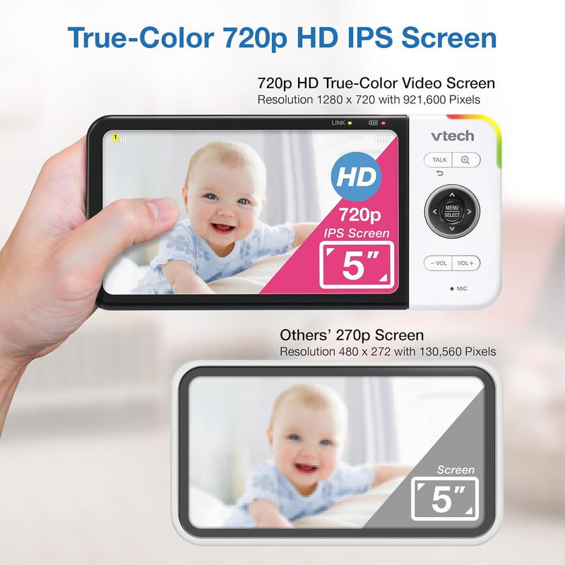VTech VM924 Remote Pan-Tilt-Zoom Video Baby Monitor, 5" LCD Screen, Up to 17 Hrs Video Streaming, Night Vision, Up to 1000ft Range, Soothing Sounds, 2-Way Talk, Temperature Sensor,Secured Transmission