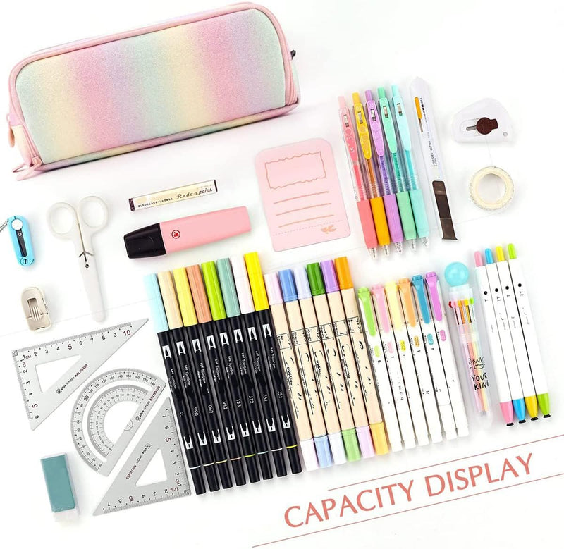 Large Capacity Pencil Case 3 Compartment Pencil Pouch Pen Bag for Teen Girls Boy Men Women (Rainbow)