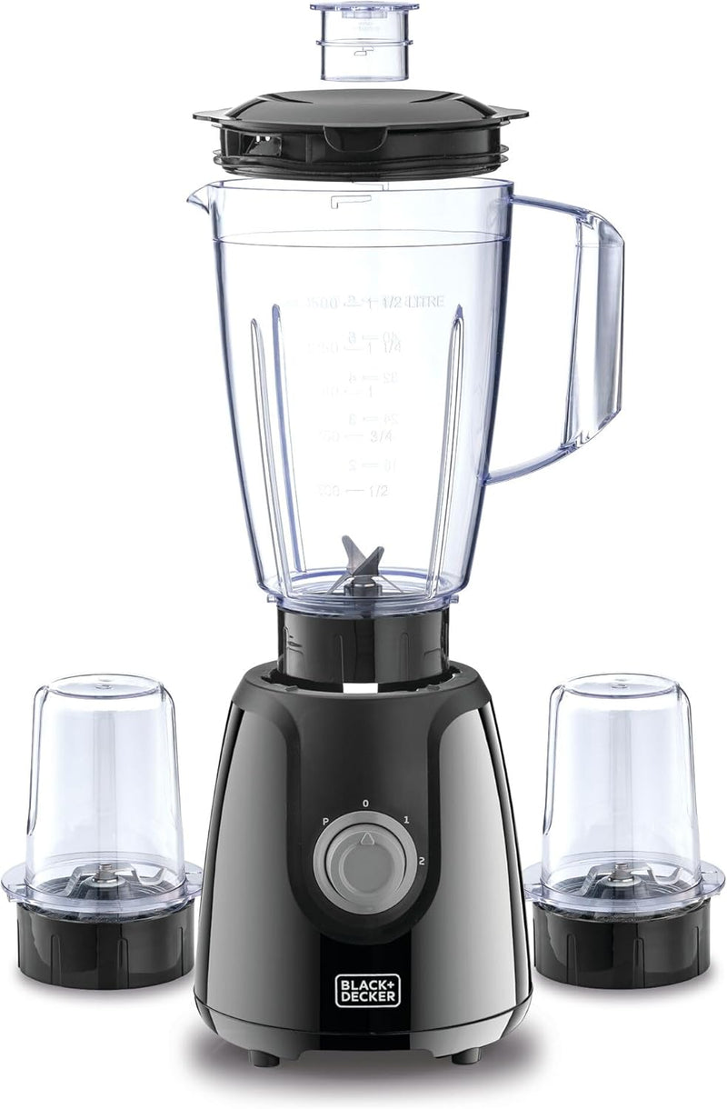 BLACK+DECKER Blender with Grinder Mills, 400W Power, 1.5L with 300ml 2 Grinding Mills, Stainless Steel Blades and Two Pulse Control for Fine and Grinding of Coffee Herbs, 2 years warranty, BX440-B5 - Black