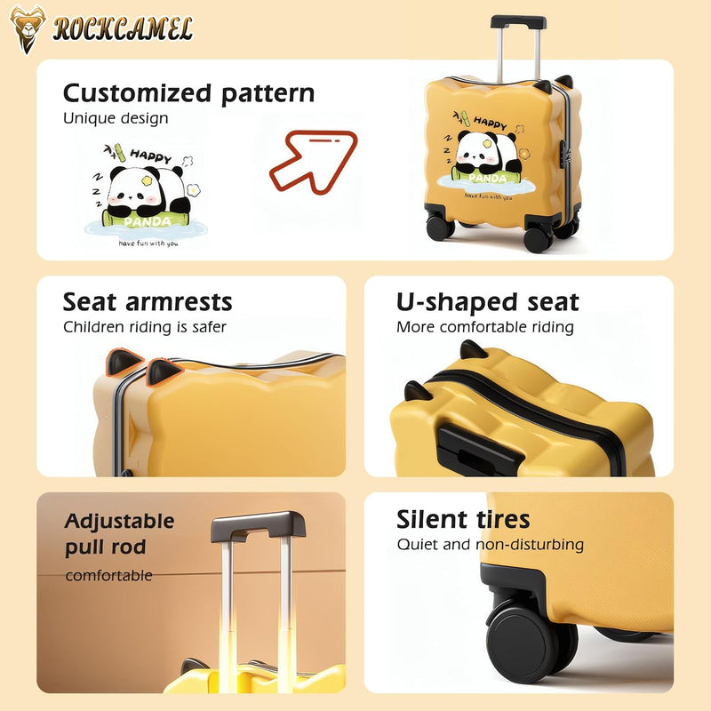 2PCS Kids Ride-On Suitcase, 20 Inch Carry-On Trunk with Cup Holder, Smooth Silent Wheels, Telescopic Handle, U-Shaped Seat, Password Lock, Unique Design, ABS Hardshell Case, Yellow