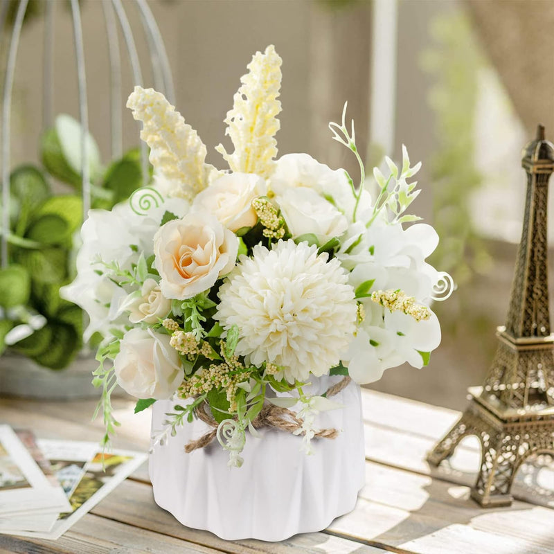 UCHUANG Fake Flowers with Vase, Artificial Roses Bouquet in Vase, Centerpiece Table Decorations for Coffee Table, Living Room, Dining Table, Office, Kitchen, Home Room Decor(White, with Glass Vase)