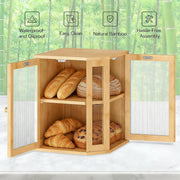 Bamboo Bread Box, Kitchen Countertop Corner Bread Box, Large Capacity 2-Tier Bread Container, Bread Storage Container with Dual Rippled Acrylic Doors, for Kitchen Food Storage