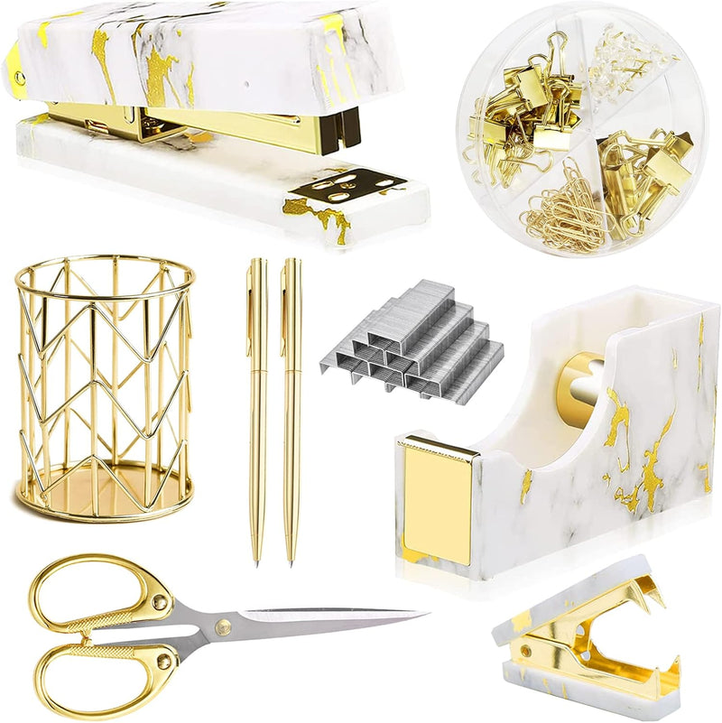 Famassi Gold Marble Desk Accessories, Office Supplies Set Stapler Set Staple Remover, Tape Holder, Pen Holder, 2 Ballpoint Pen, Scissor, Binder Clips, Paper Clips and 1000pcs Staples.