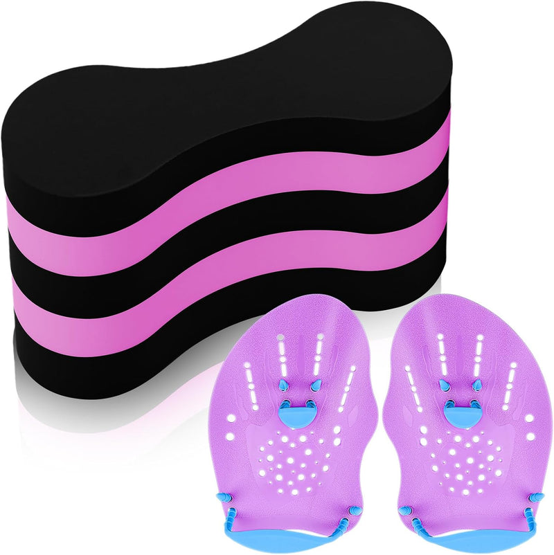 3 Pcs Swim Training Pull Buoy Swimming Hand Paddles Set Include 1 Swim Buoy 2 Swim Hand Paddles for Lap Swimming with Adjustable Straps Swim Training Equipment Kit for Adults - Pink & Black